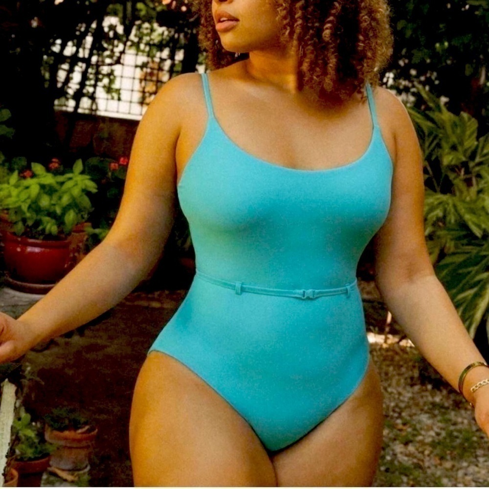 NWT Andie Swim Riviera One Piece Swimsuit Belted Removable Cups Blue Sz XS